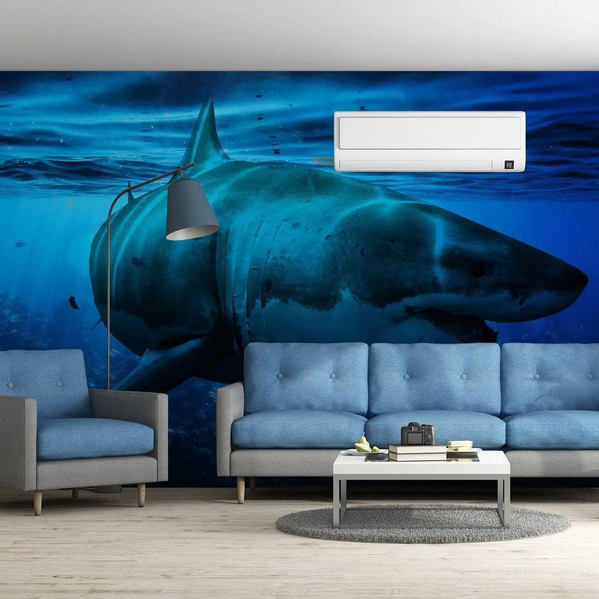 Large shark mural in a modern living room, creating an immersive underwater ocean landscape decor.