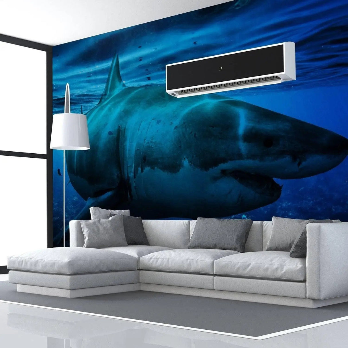 Large shark mural in modern living room, creating an immersive underwater sea life environment.