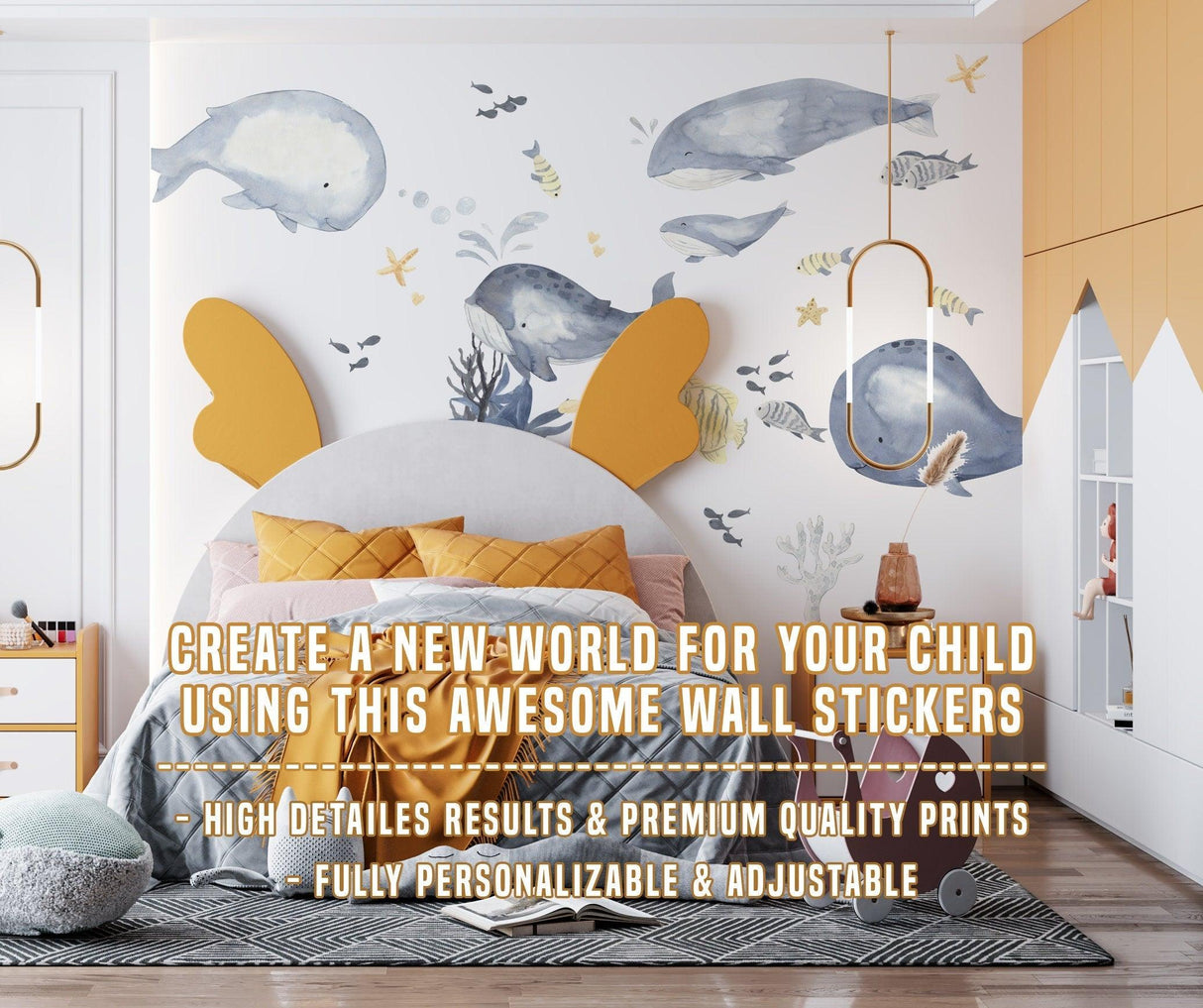 Undersea themed wall decal set featuring vibrant whale designs in a child's bedroom decor.