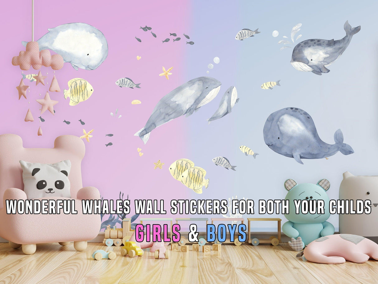 Undersea themed wall decal set featuring vibrant whale stickers for kids' rooms, suitable for both girls and boys.