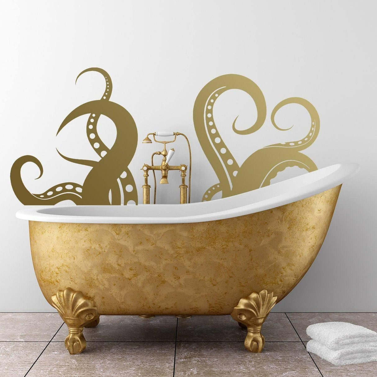 Octopus vinyl wall sticker in a luxurious gold bathtub, perfect for marine-themed bathroom decor.