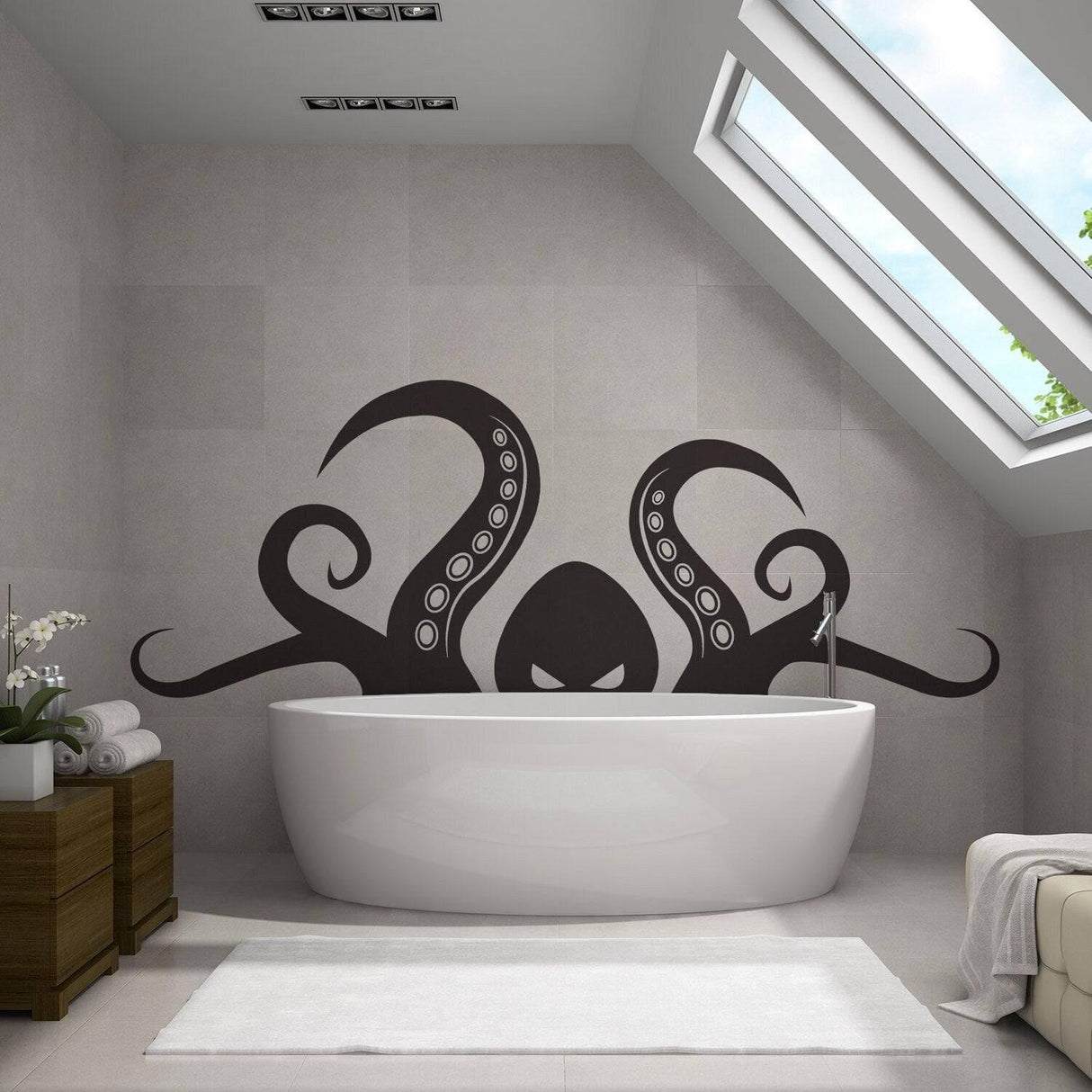 Octopus tentacle wall decal above a modern bathtub, creating an oceanic theme in a stylish bathroom.