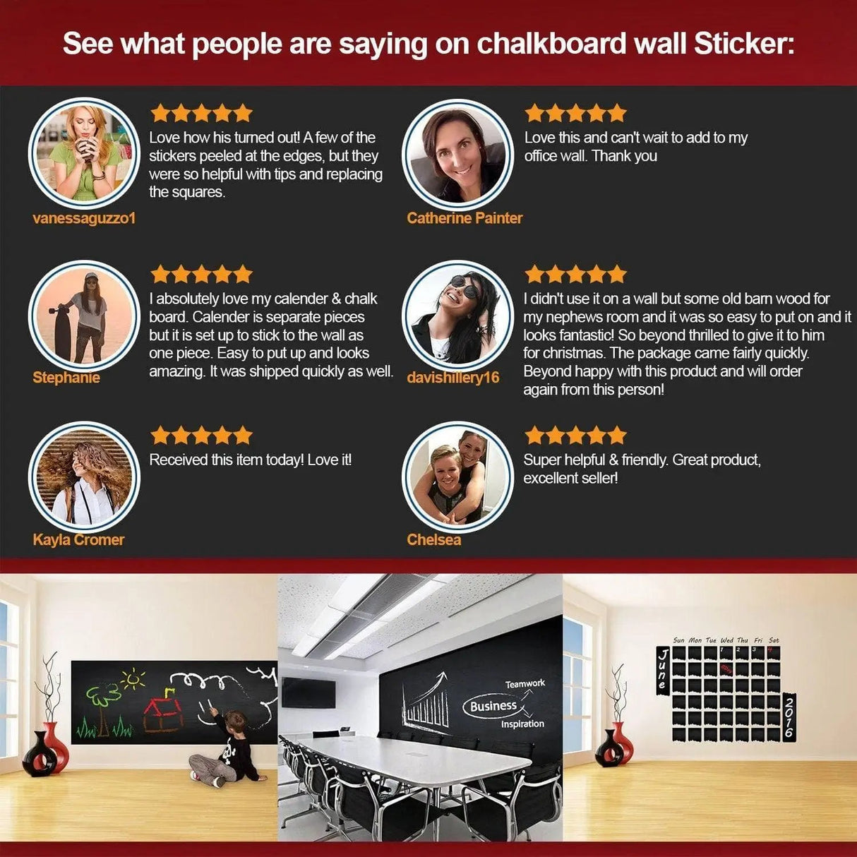 Customer reviews for Chalkboard Wall Sticker with Monthly Planner, showcasing user satisfaction and versatility.