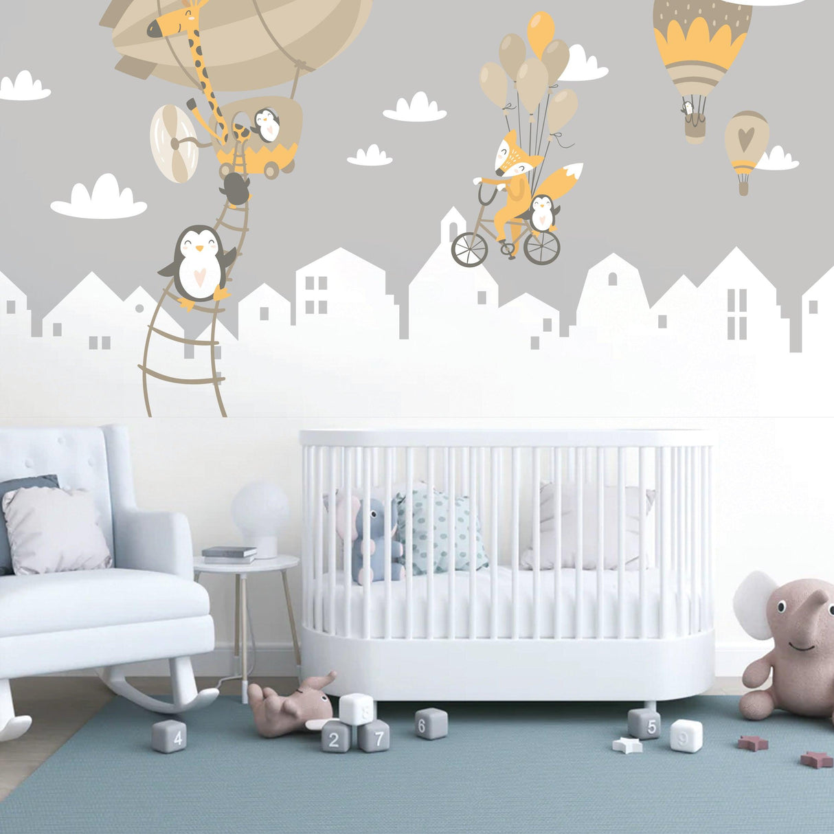 WhimsyLand wall decals featuring penguins, foxes, and hot air balloons in a playful nursery setting.