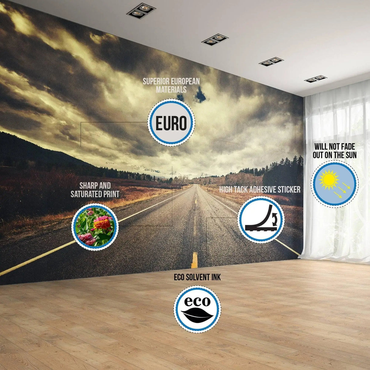 Custom wallpaper showing a scenic road mural with features like eco solvent ink and fade resistance.