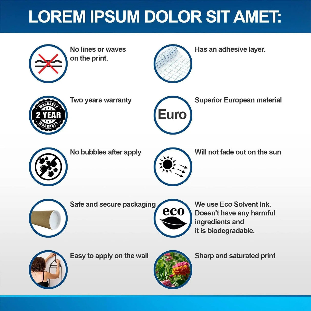 Product features for Custom Memory Wall Art, highlighting adhesive layers, European quality, and easy application.