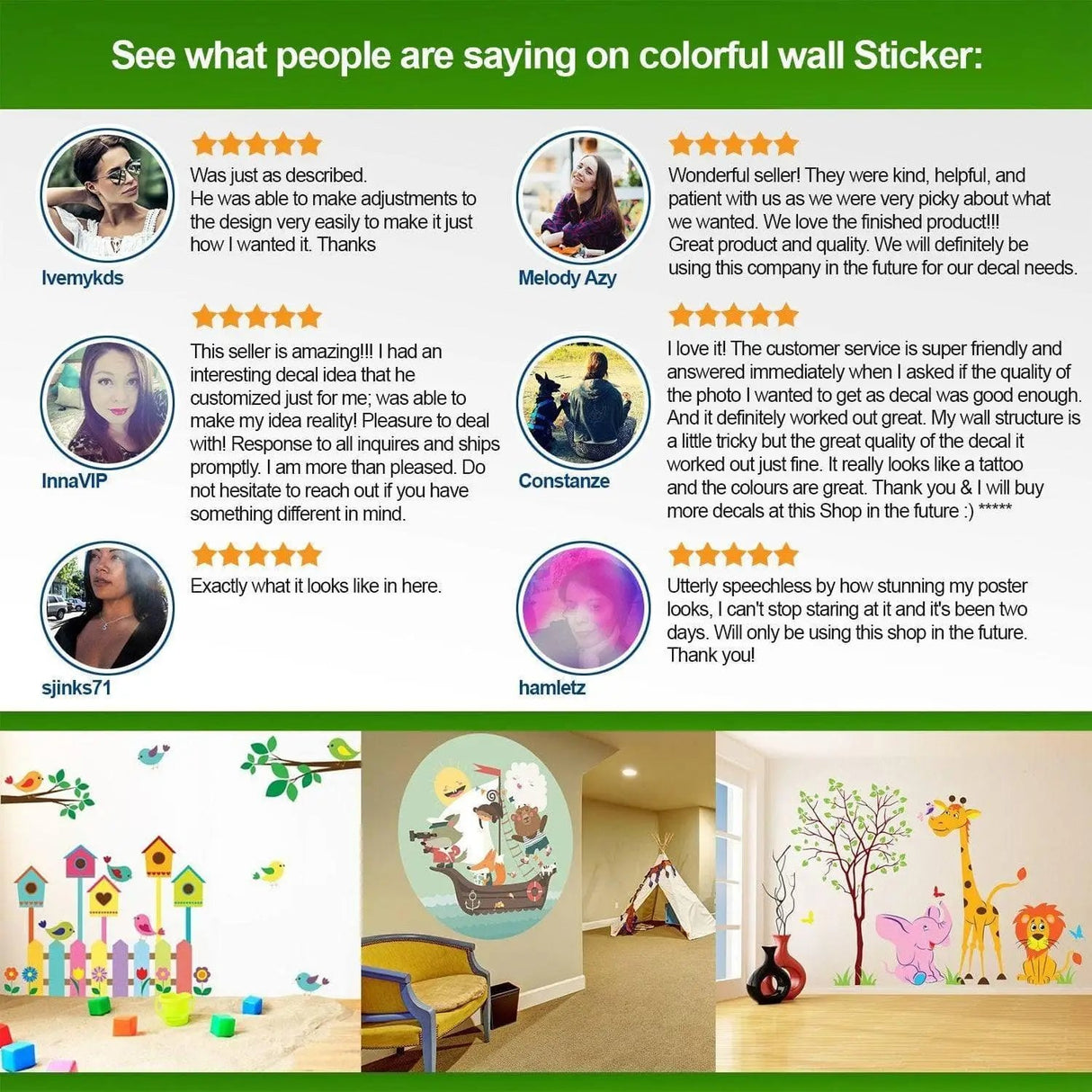 Customer reviews and colorful wall sticker designs showcasing positive feedback and creative home decor ideas.