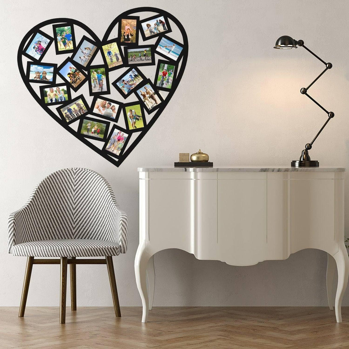 Heart-shaped collage photo decal on wall above stylish table and chair, perfect for home decor.