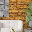 Self-stick rustic wood plank wallpaper in a stylish living room with a white couch and green plants.