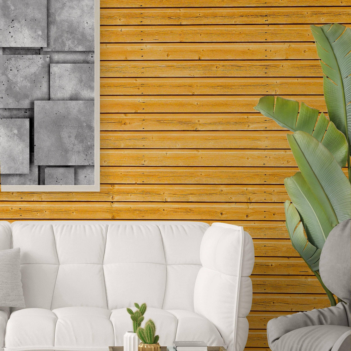 Rustic wood plank peel and stick wallpaper in a cozy living room with white couch and decorative plants.