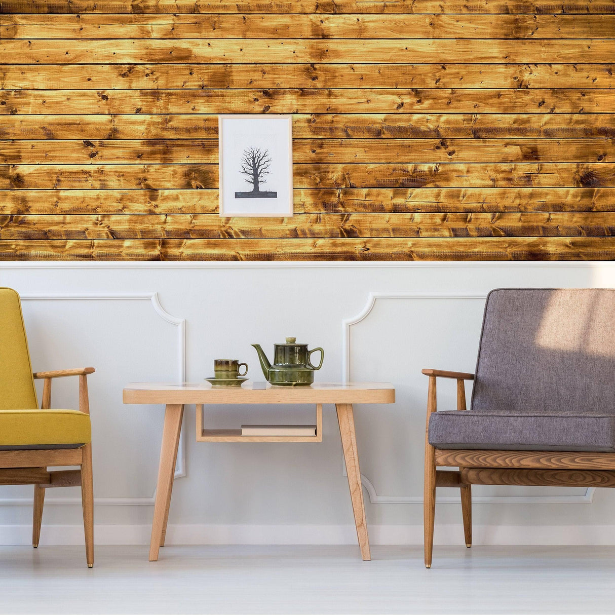 Rustic wood plank wallpaper in a cozy living room with yellow and gray chairs and a wooden coffee table.