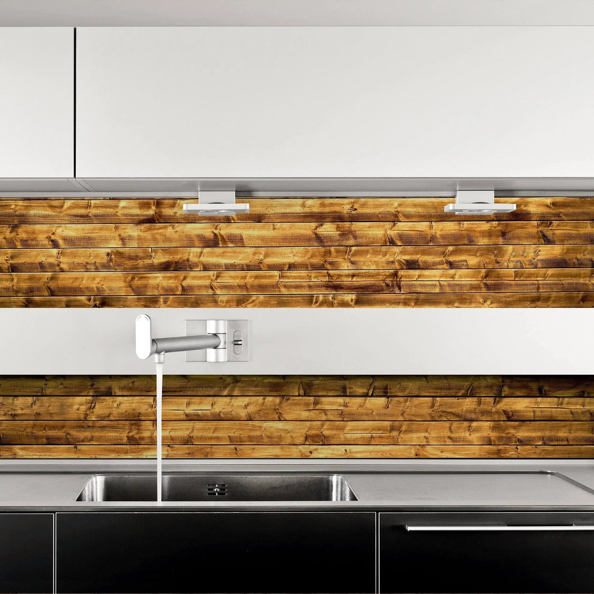 Self-stick rustic wood plank wallpaper installed in a modern kitchen backsplash above a stainless steel sink.