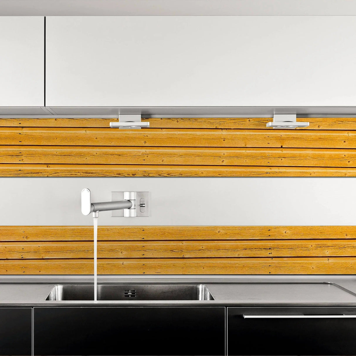 Rustic wood plank peel and stick wallpaper in a modern kitchen with sleek cabinetry and a stylish sink.