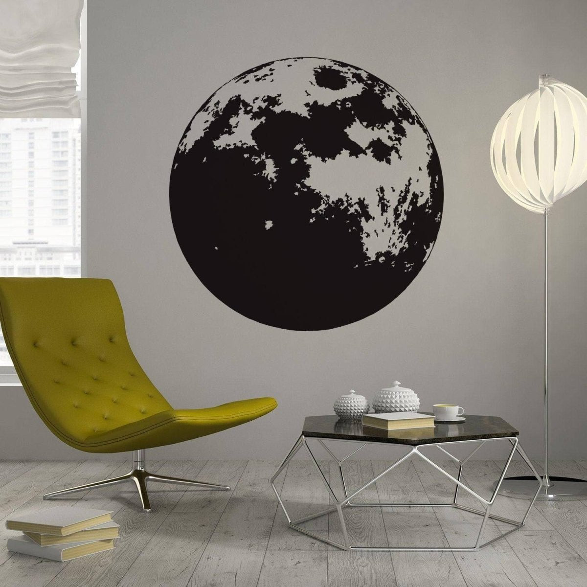 Stylish Moon Phase vinyl wall sticker applied in modern living room with yellow chair and geometric table decor.