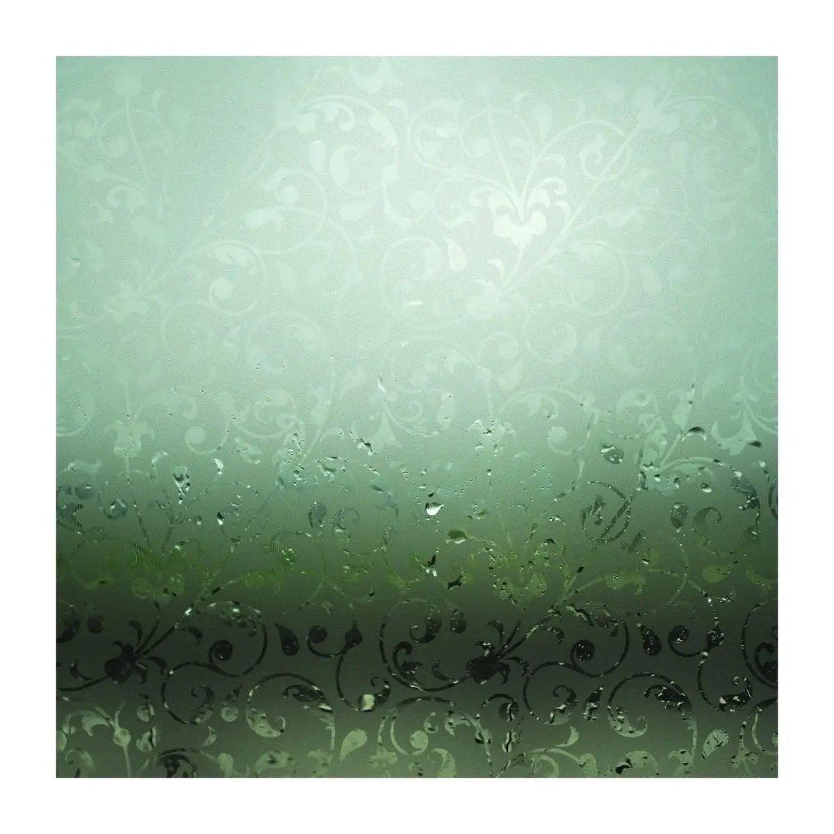 Frosted decorative privacy window film with floral design and water droplets, ideal for enhancing window aesthetics.