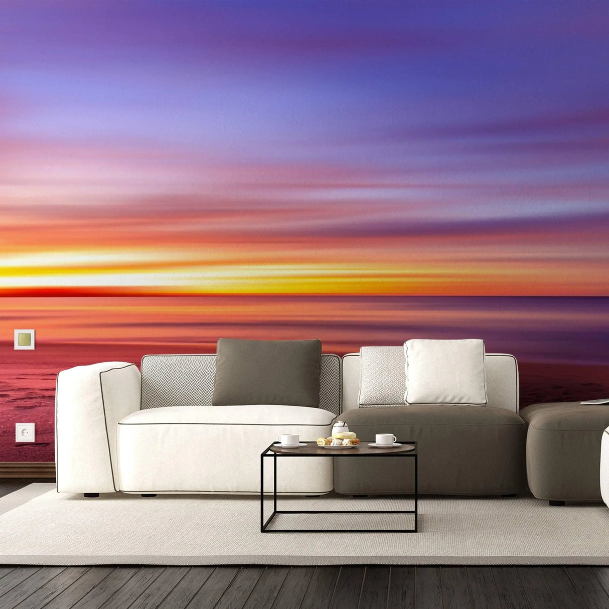 Sunset wall decals in a modern living room, creating a serene atmosphere with vibrant colors.