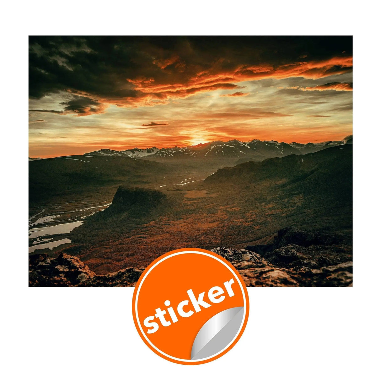Sunset mural wall sticker featuring a stunning mountain landscape with dramatic skies, perfect for home decor.
