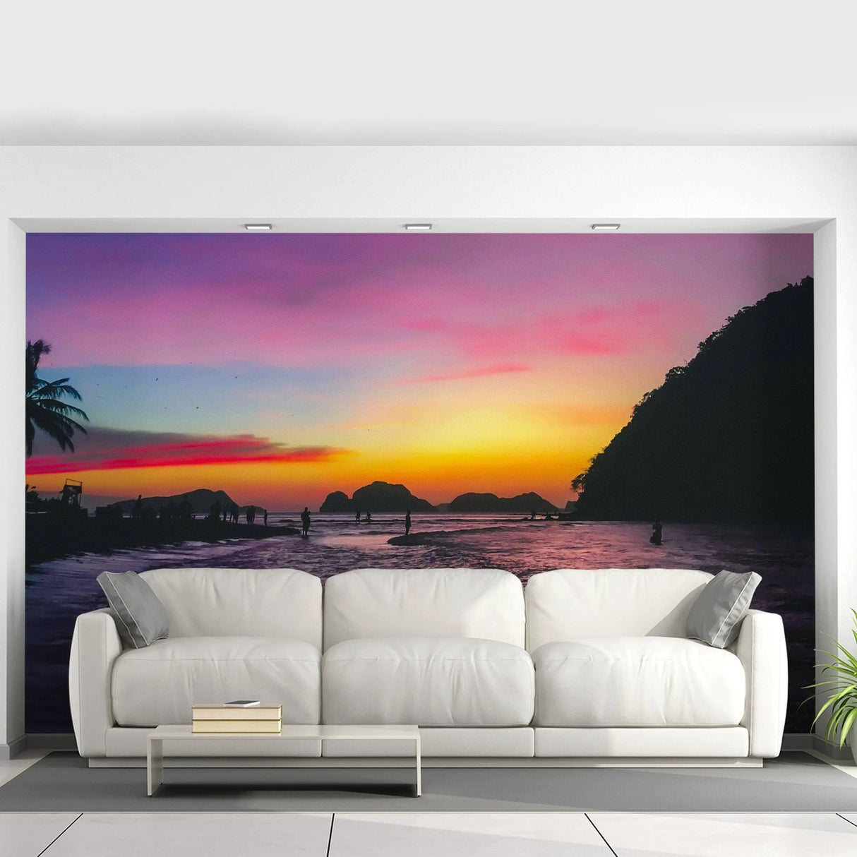 Urban sunset skyline wall stickers transforming living space with vibrant colors and serene beach view.