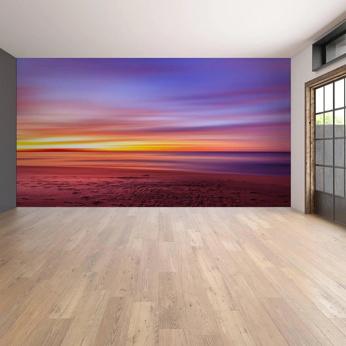 Sunset wall decal showcasing vibrant colors in a serene beach setting, perfect for transforming any room.