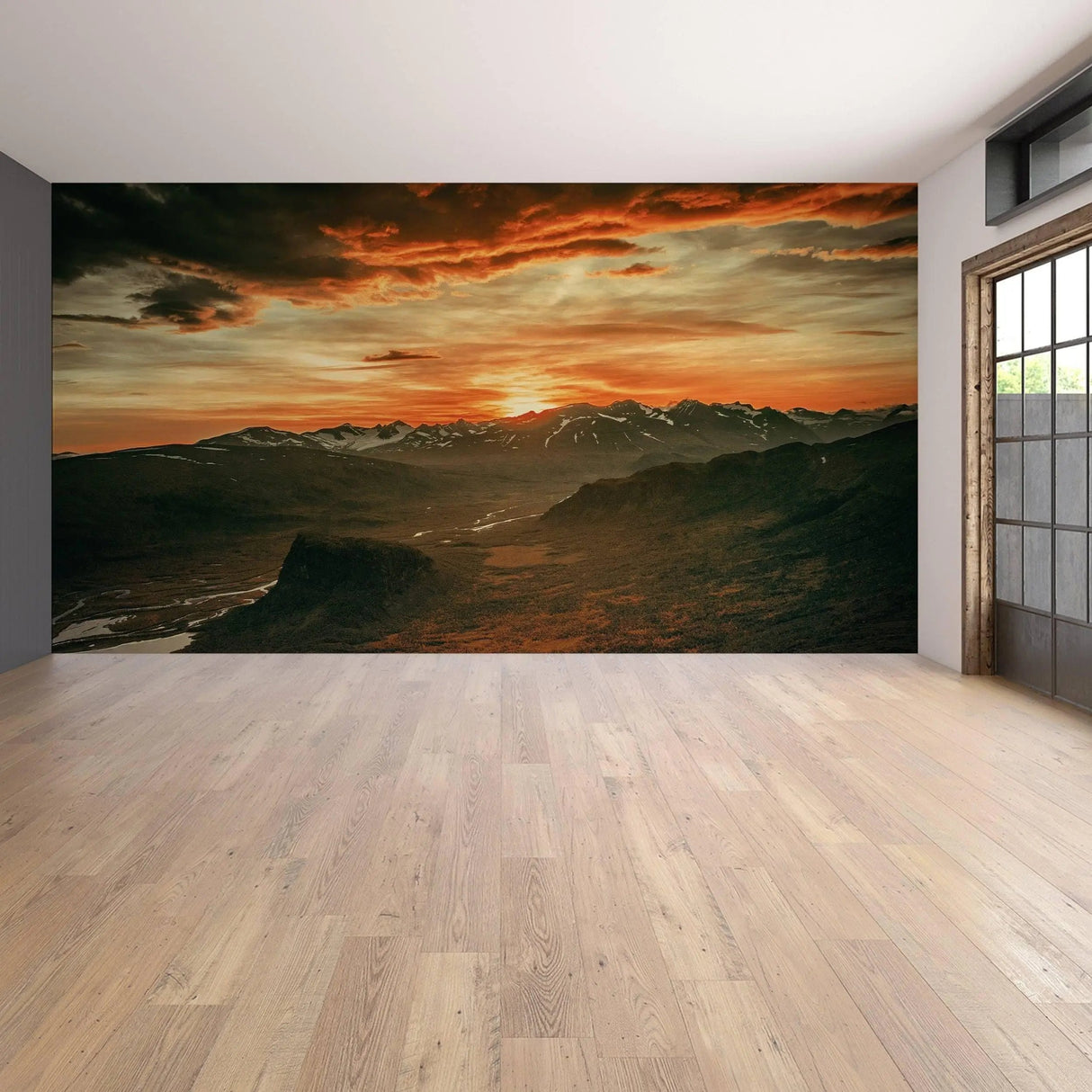 Majestic sunset wall decal in a modern room, showcasing nature's beauty and creating a stunning focal point.