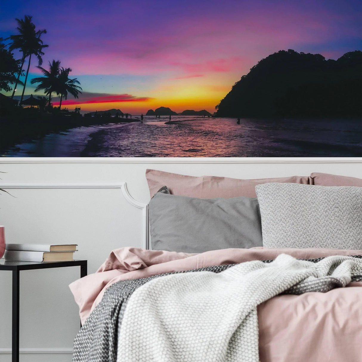 Vibrant urban sunset skyline wall stickers above a cozy bed, perfect for home decor.