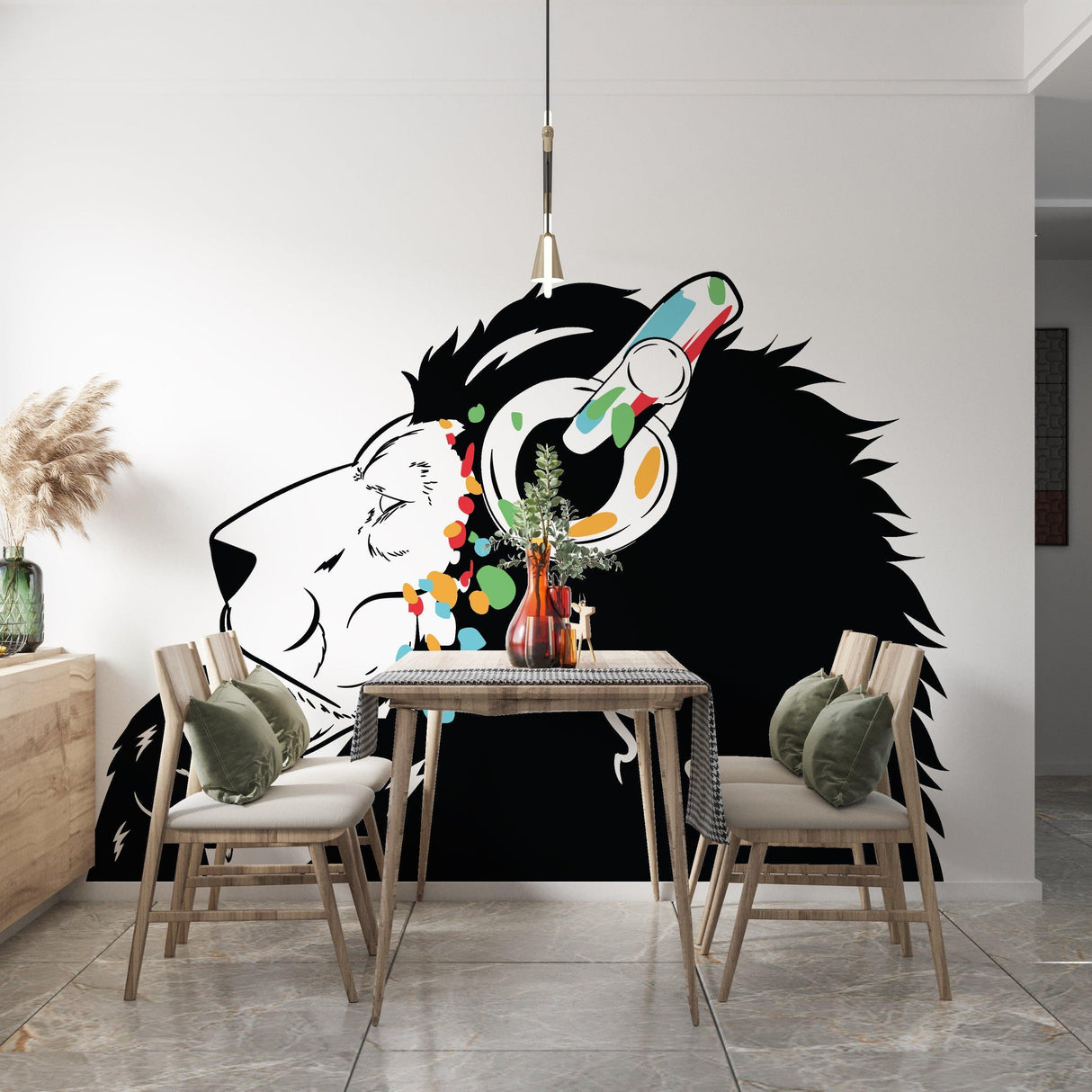 Street art inspired lion wall decal with vibrant colors, perfect for urban decor and creativity in home spaces.