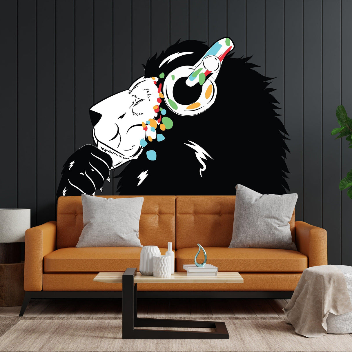 Street art inspired lion wall decal with headphones, vibrant design for creative interior decoration.