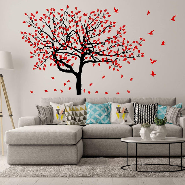 Nature-inspired Serenity Tree wall sticker with red leaves, enhancing modern living room decor.