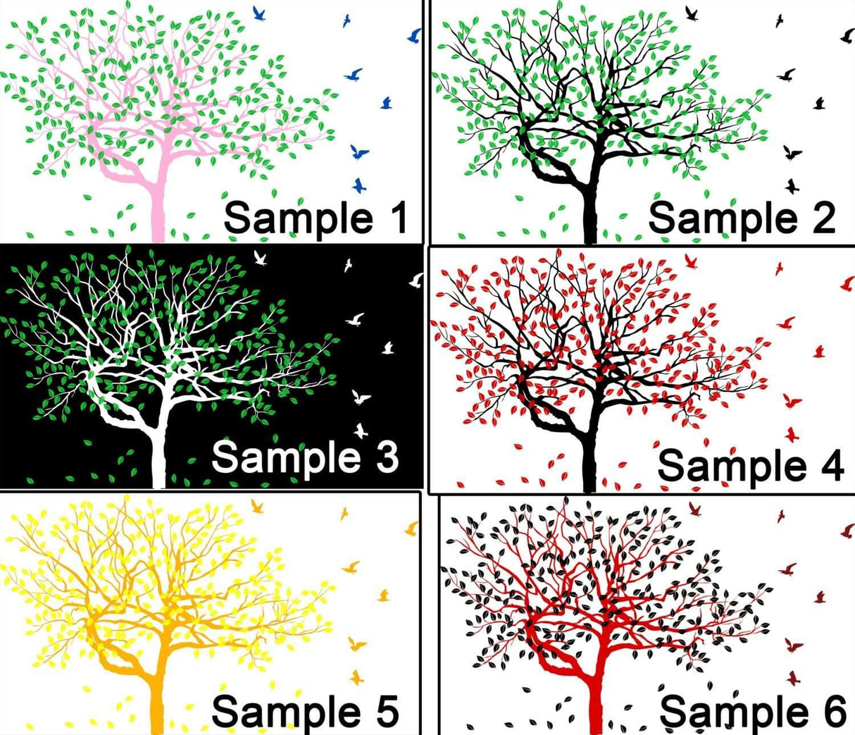 Collage of Serenity Tree Wall Sticker samples showcasing various colors and designs with birds and leaves.