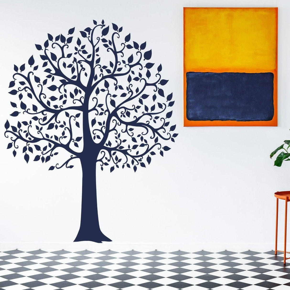 Serenity Tree Wall Sticker in navy blue on a modern wall, enhancing nature-inspired decor with botanical art.