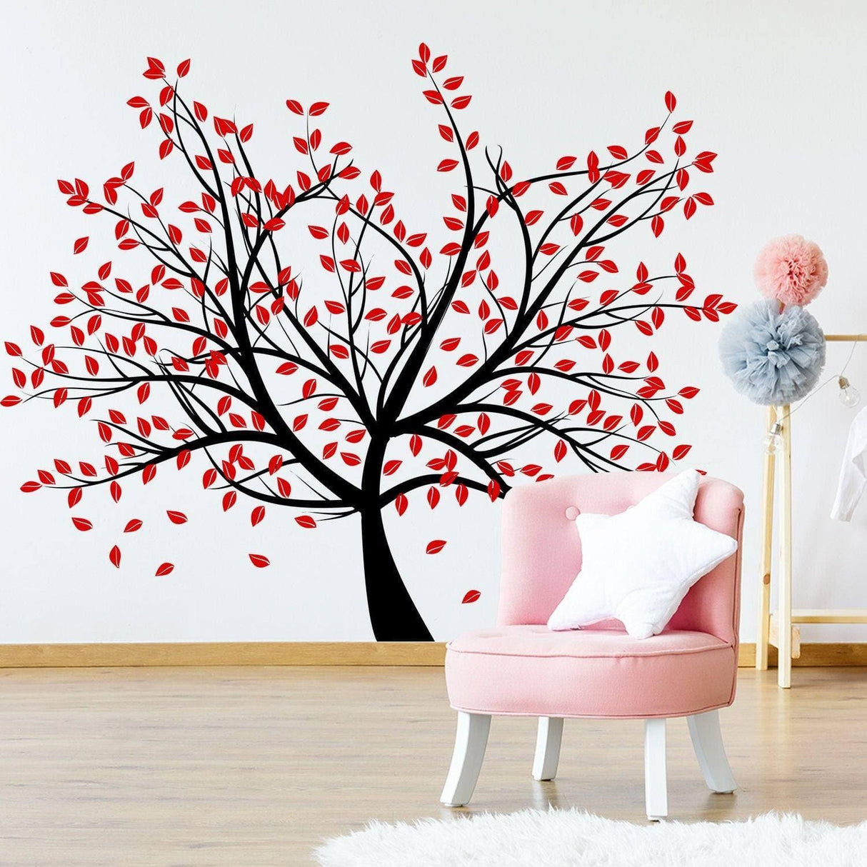 Nature's Serenity vinyl wall decal featuring a black tree with red leaves, perfect for home decor.