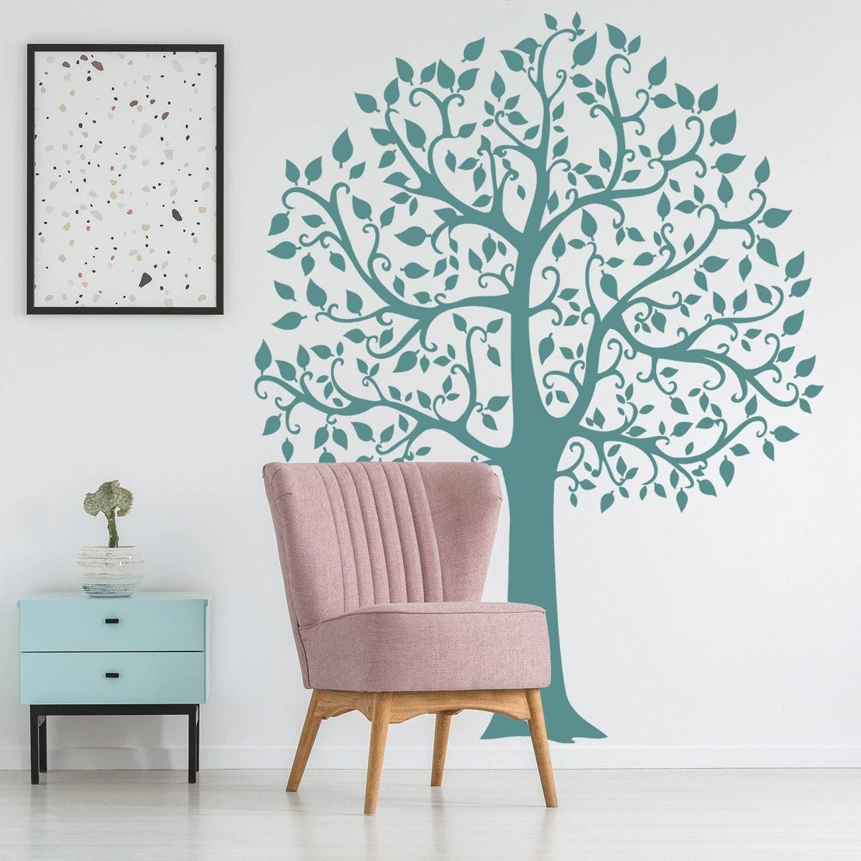 Serenity Tree Wall Sticker in teal, enhancing a modern interior with botanical art and nature-inspired decor.