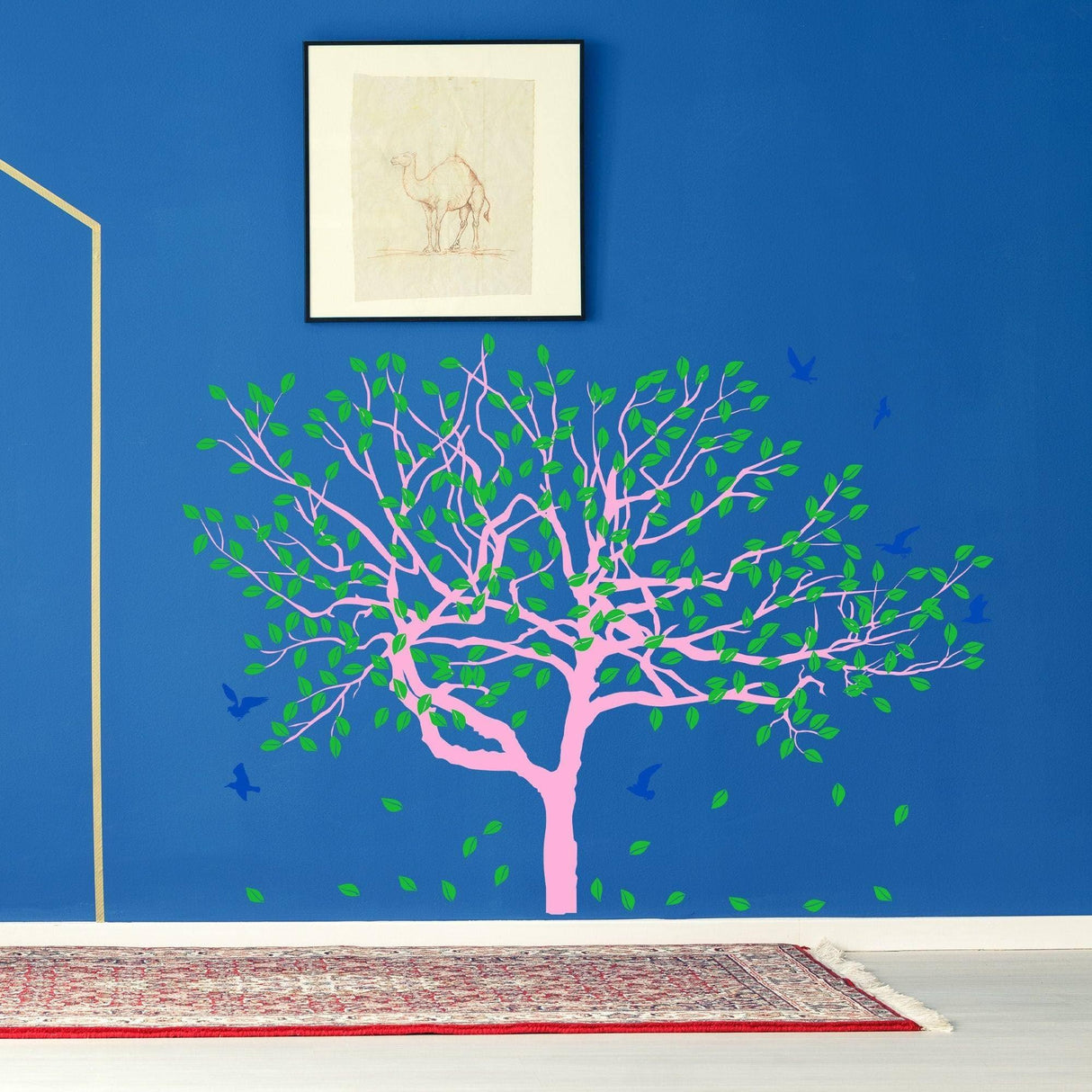 Colorful Serenity Tree Wall Sticker on blue wall, showcasing nature-inspired design with birds and vibrant leaves.