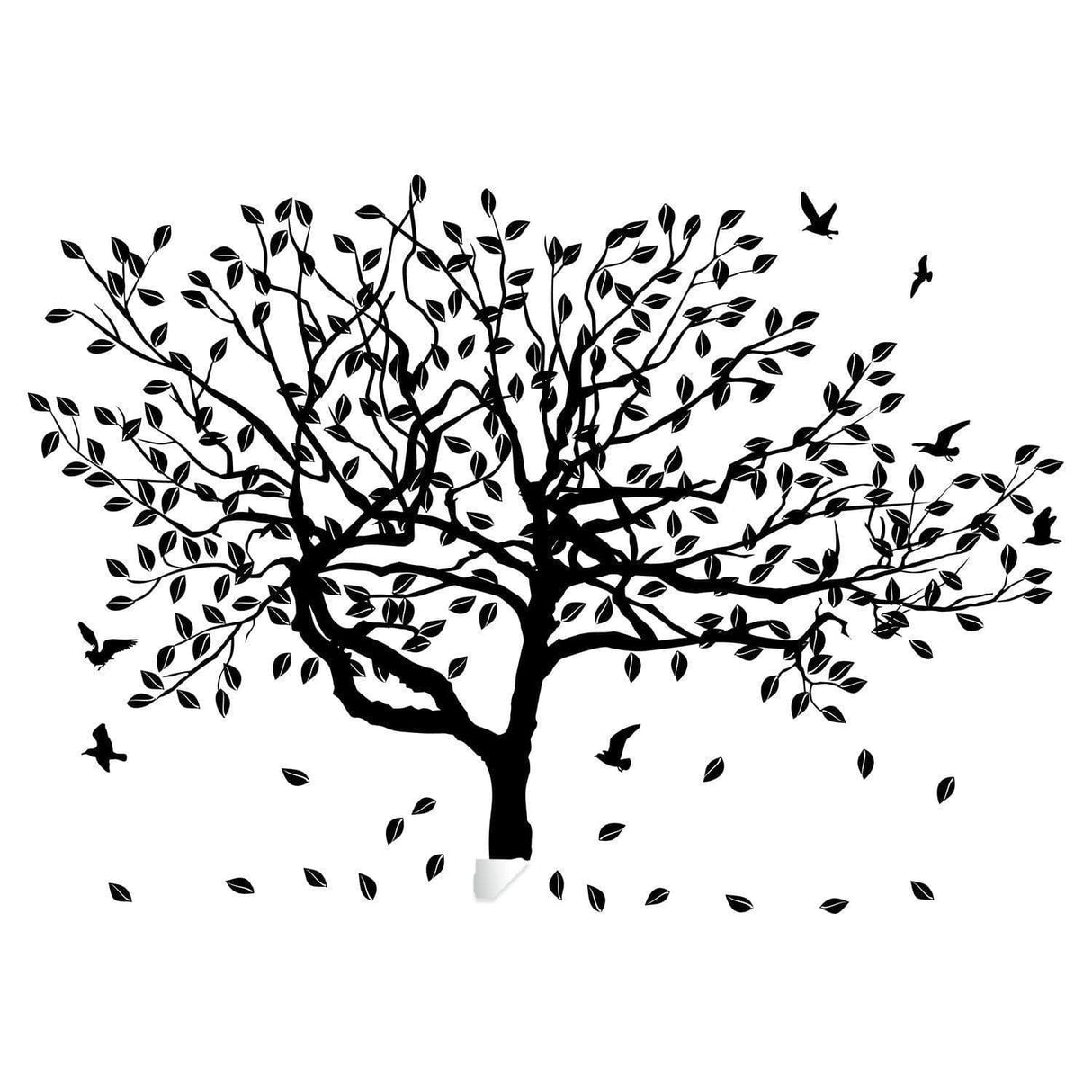 Black tree wall decal with leaves and birds, perfect for nature-inspired home decoration.
