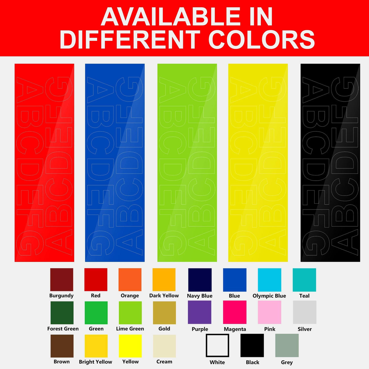 Waterproof vinyl letter decals in various colors including red, blue, yellow, and black, showcasing versatility for projects.