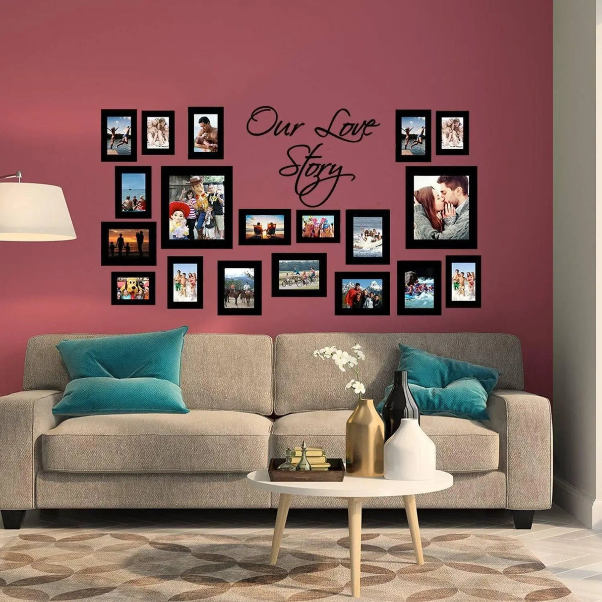 Stylish living room with wall art sticker "Our Love Story" and photo frames enhancing the decor