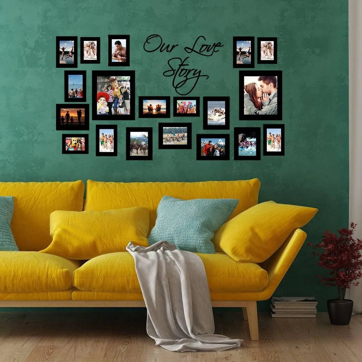 Colorful living room featuring wall art photo frames and the quote 'Our Love Story' above a vibrant yellow couch.