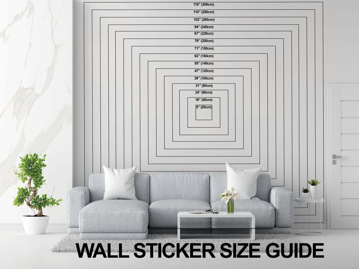 Wall sticker size guide displayed in a modern living room with a light sofa and potted plants.