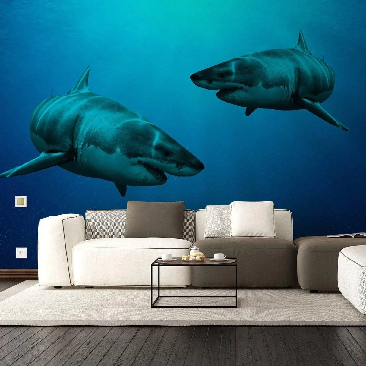 Ocean-themed wall decal featuring two sharks swimming in an underwater scene, ideal for marine decor.