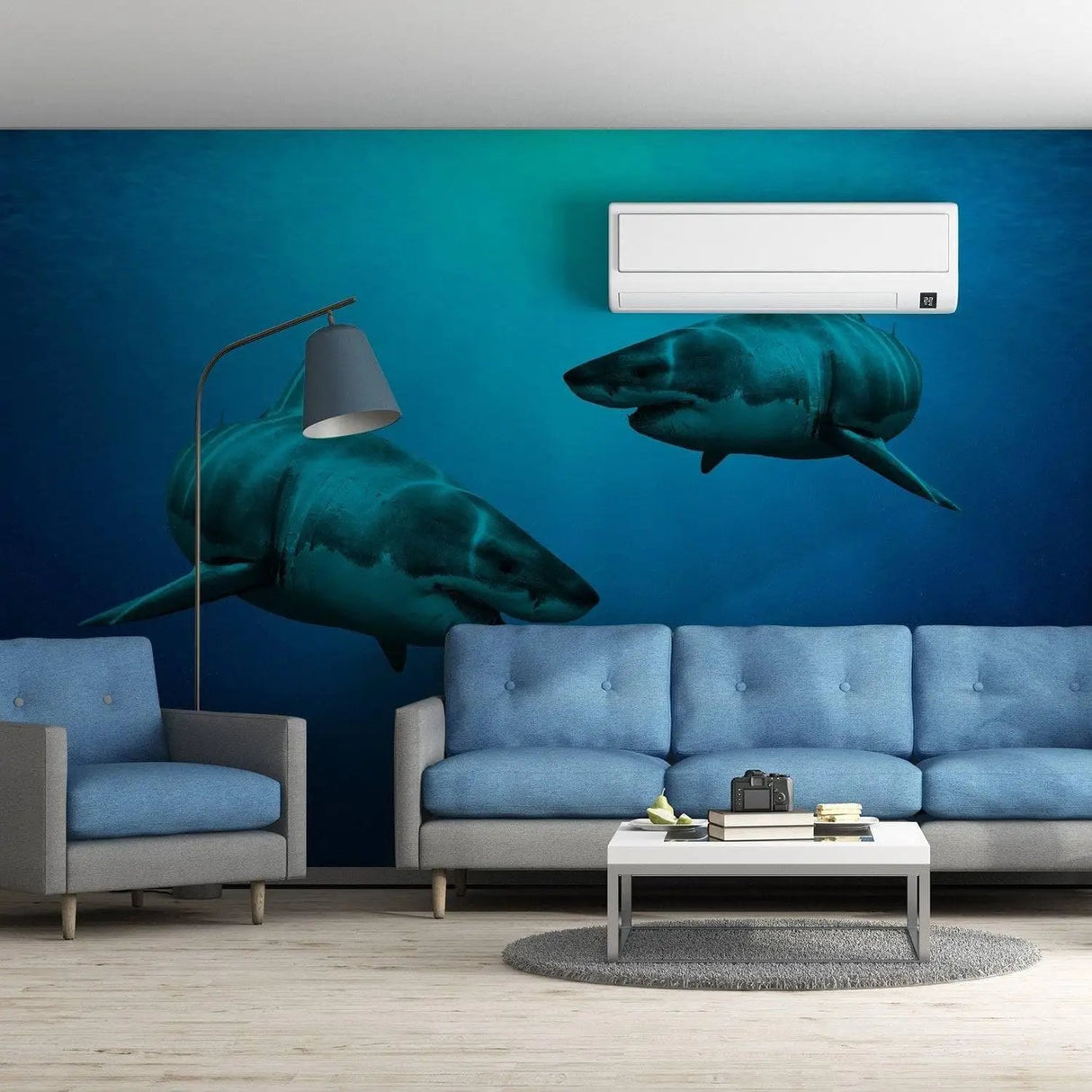 Ocean-themed wall decal with sharks in a stylish living room setting, creating an underwater ambiance.