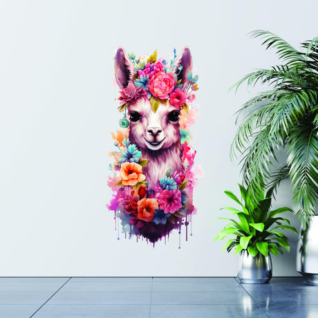 Whimsical alpaca wall sticker with colorful flowers, perfect for a modern nursery decor.