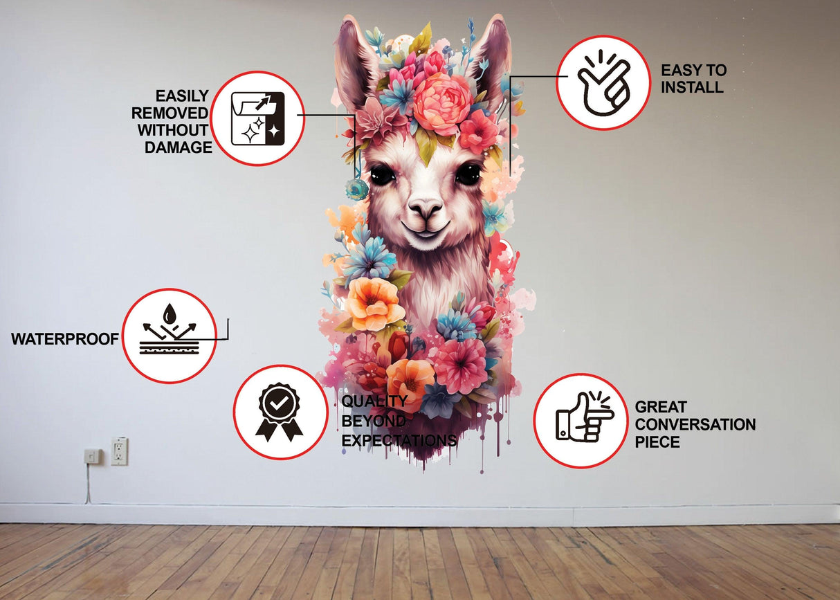 Whimsical alpaca wall sticker with floral design, easy to install, waterproof, and removable without damage.