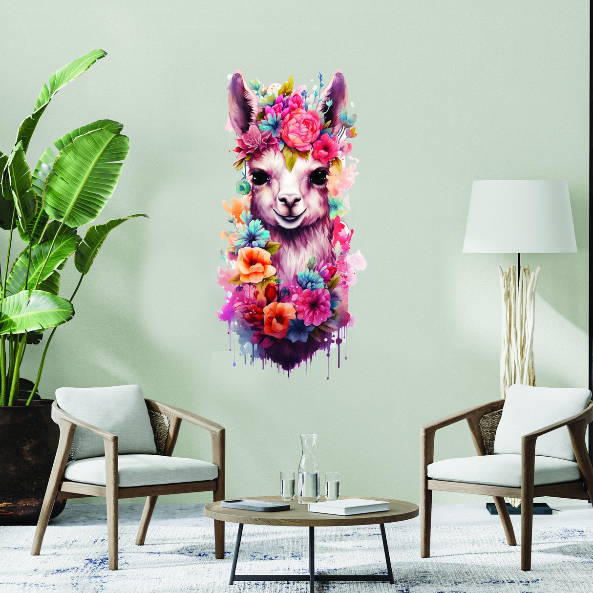 Whimsical alpaca wall sticker with colorful flowers in a modern nursery setting.