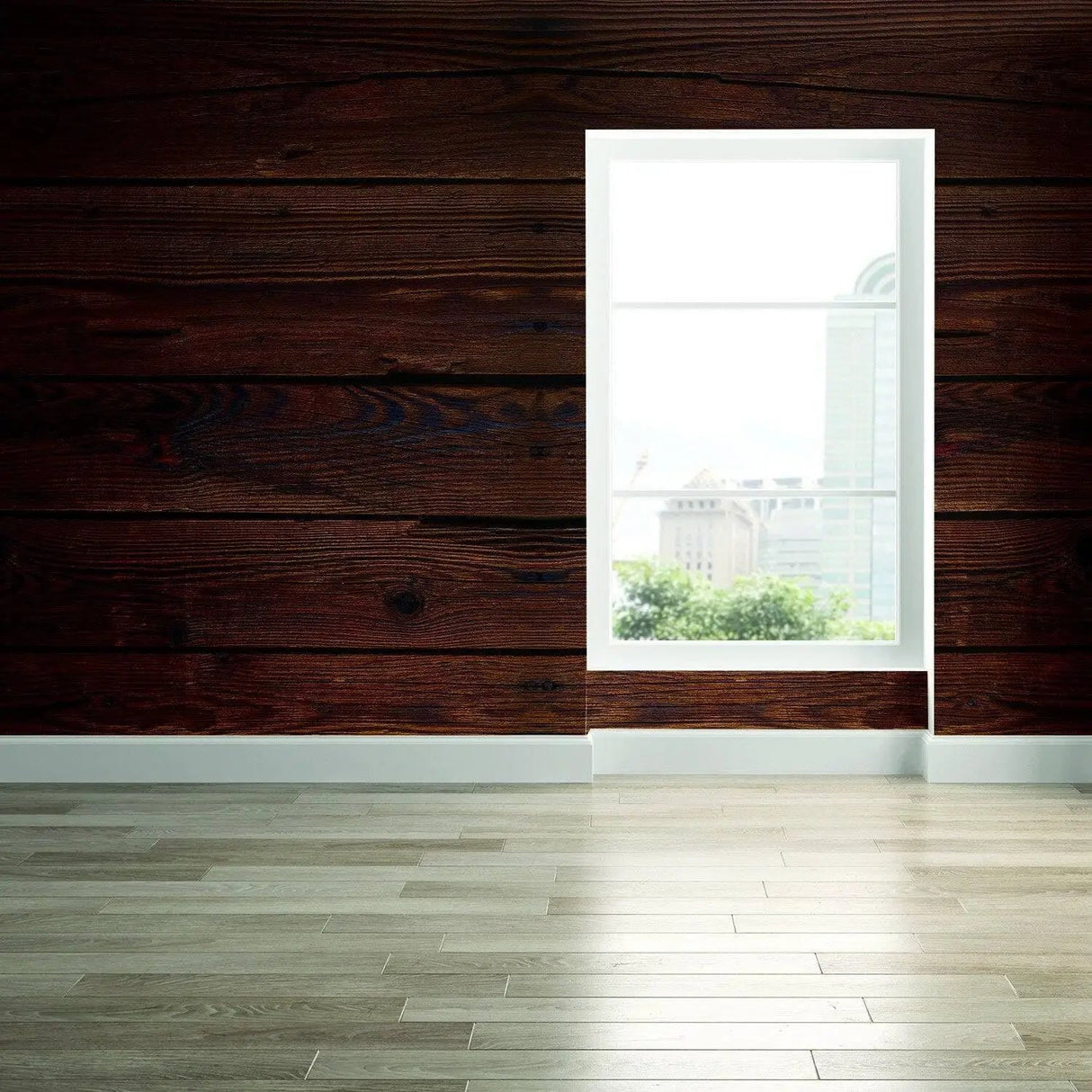 Rustic wood peel and stick wall decal with a window view, enhancing interior space with a warm, natural aesthetic.