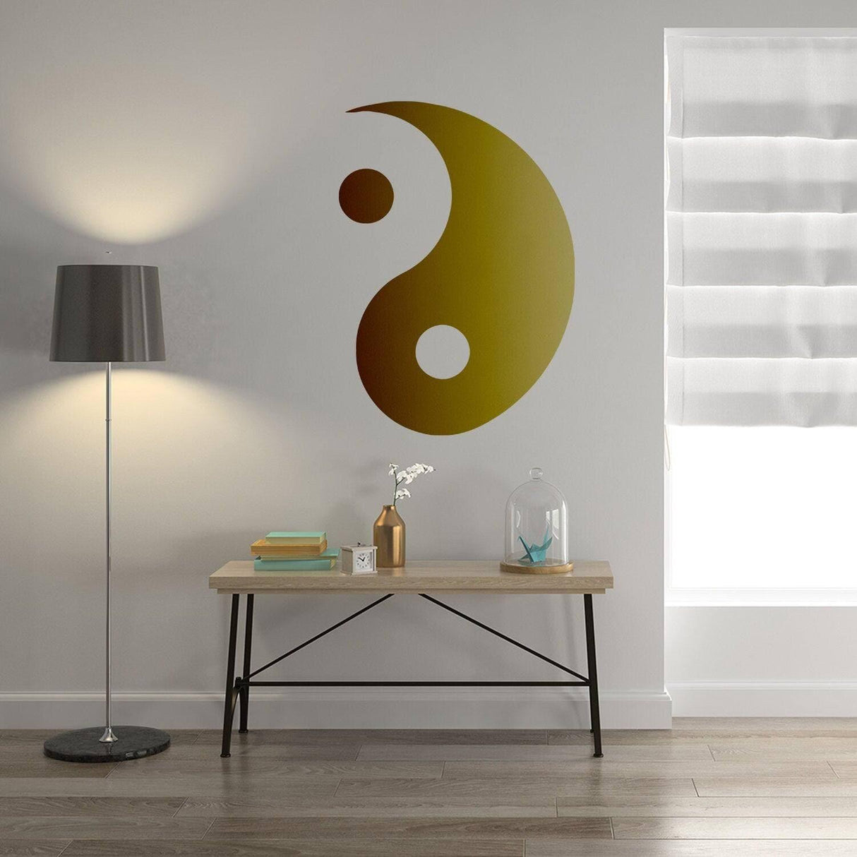 Prismatic Yin Yang wall decal in modern living room setting for serene wall decor.