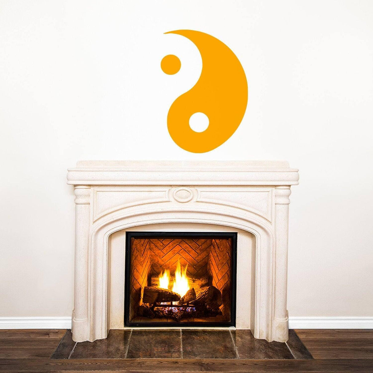 Yellow Yang Yin wall decal above a cozy fireplace in a warm living space, adding tranquility and balance to home decor.