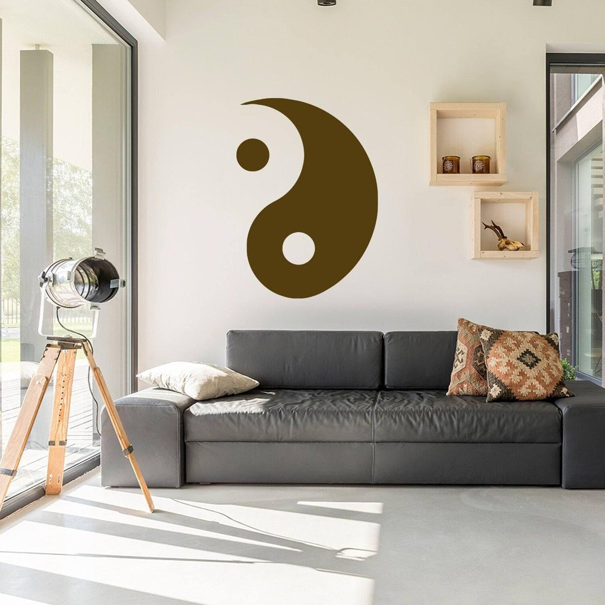Prismatic Mandala Zen Balance Wall Decal in a modern living room with minimalist decor.
