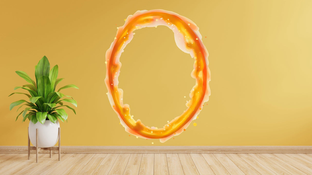 Vibrant orange oval portal wall sticker on yellow wall, enhancing gamer and geek room decor.