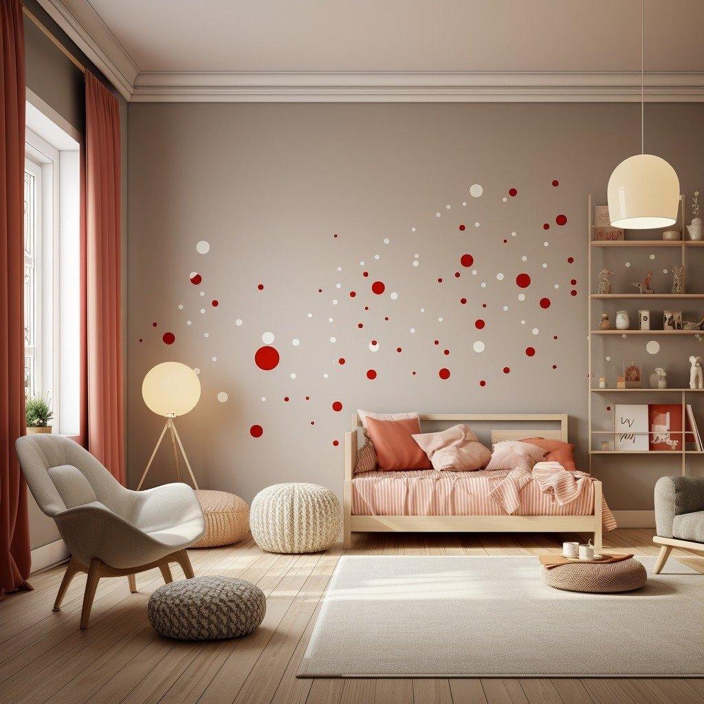Bright children's room with matte white and red vinyl dot stickers on the wall, creating a playful atmosphere.