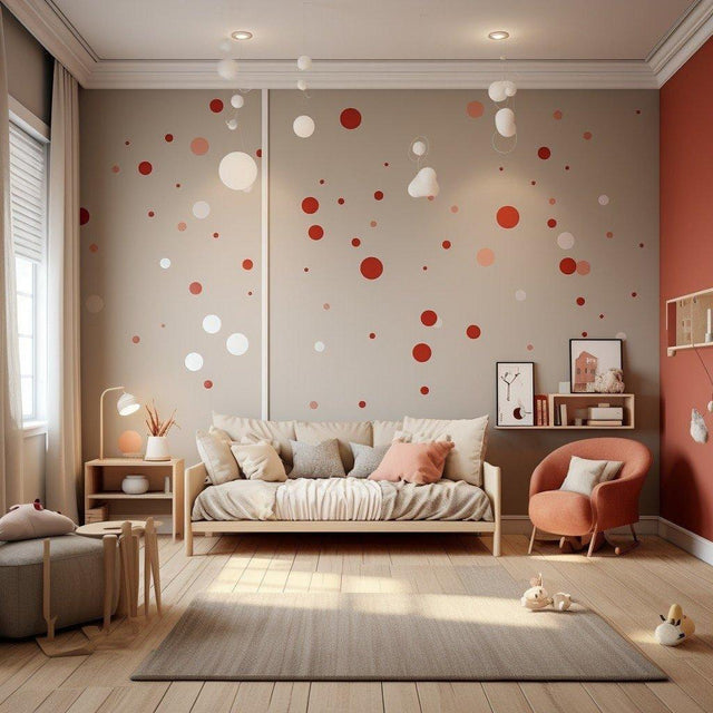 Bright room with red and white dot stickers on the wall, showcasing playful decor for children's spaces.